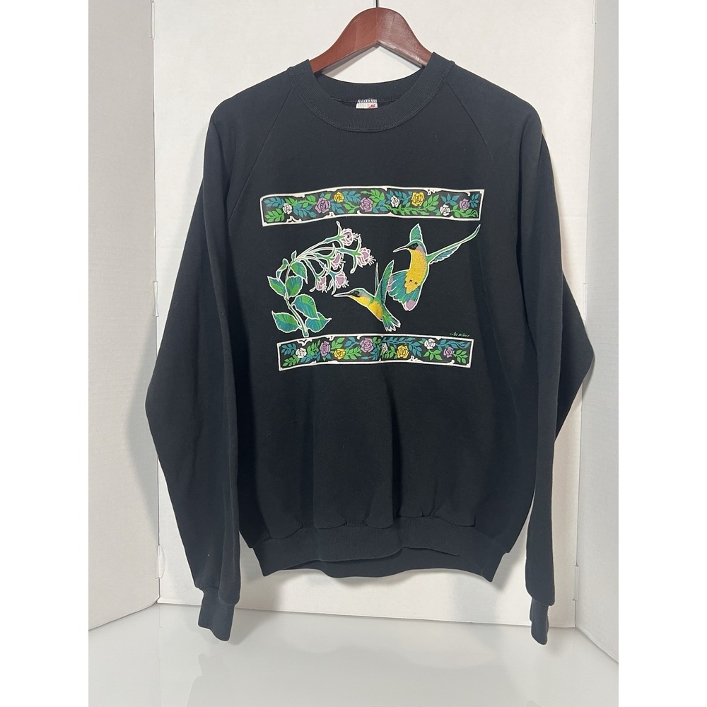 Vtg Hummingbird Sweater Mens XLarge Black Crewneck Sweatshirt Bird Grandma 050